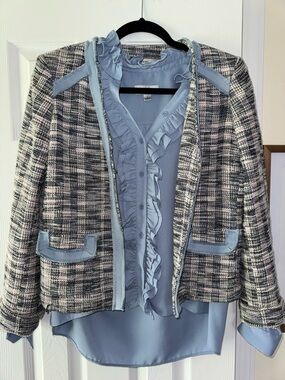 Tahari Light Blue and Cream Tweed Jacket and Ruffle Top